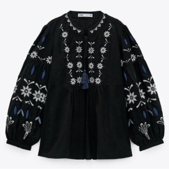 Zara Jackets & Blazers - Zara black embroidered black top, white and blue embroidered floral pattern. XS